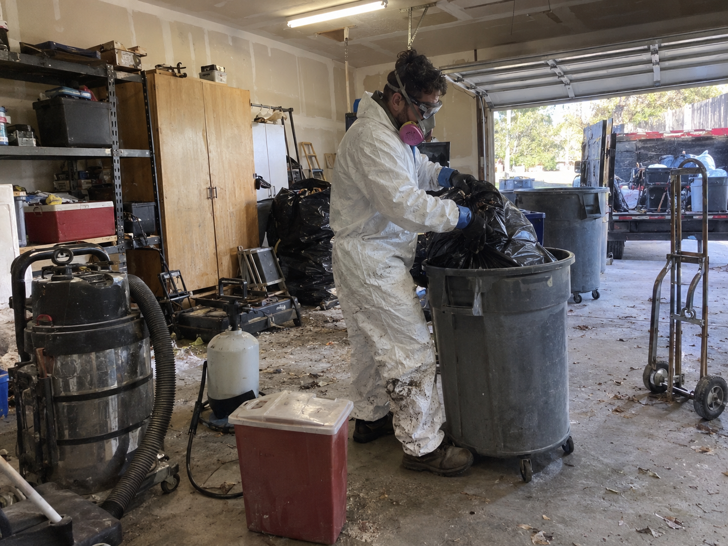 Extreme Hoarding Cleaners technician wearing protective equipment during a property cleanup
